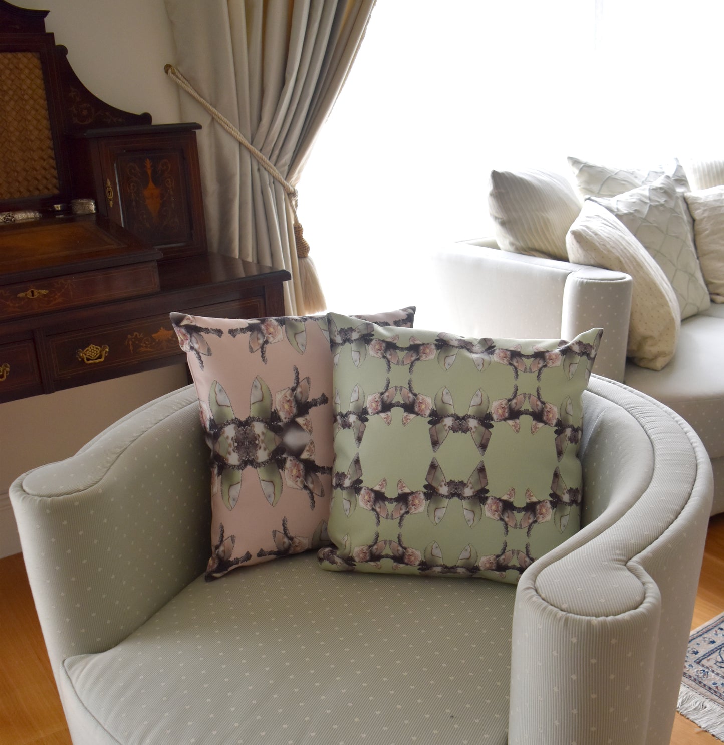 'Blossoms' - Trellis Square Cushion in Mint Green